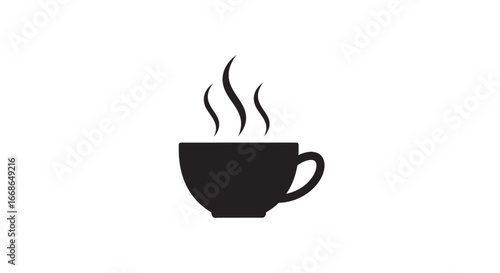 Minimalist black silhouette icon of a steaming hot coffee or tea cup isolated on a white background