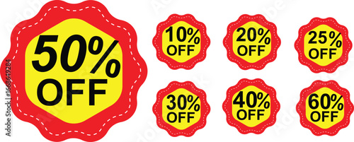 Discount Offer Labels – 10%, 30%, 50% Off Vector Badges