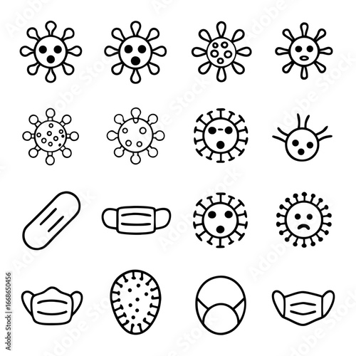 Set of coronavirus and protection icons featuring virus, mask, and related symbols in a clean and modern design