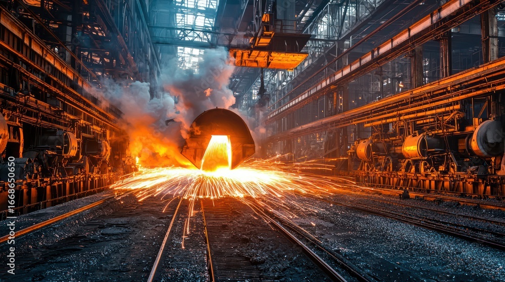 Fototapeta premium A steel mill with a furnace emitting sparks and smoke.