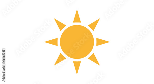 Simple yellow sun icon with eight rays, isolated on a white background. A flat vector graphic illustration for weather, summer, and light concepts
