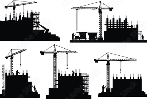 Construction site silhouette with cranes, workers, scaffolding, heavy equipment, urban building development, industrial architecture, civil engineering, machinery, labor, infrastructure growth