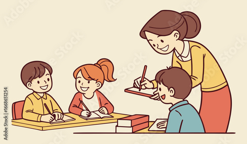 mini alot of Happy childrens  sit at desks in classroom. Young teacher helps, assist kids with learning in school class. mini Students study, reading, writing, fun and talk during lesson. Flat vector 