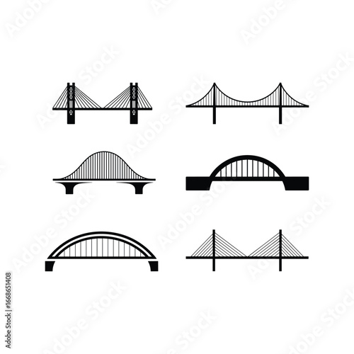 Collection of bridge icons in various architectural styles, vector illustration of modern and classic structures for construction and design.
