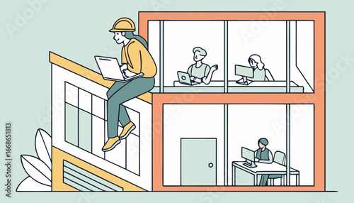 mini Workers sitting on the desk in office. Employees work in open workspace, comfortable coworking. Corporate business space with creative interior, modern equipment, computers. Flat vector illustrat