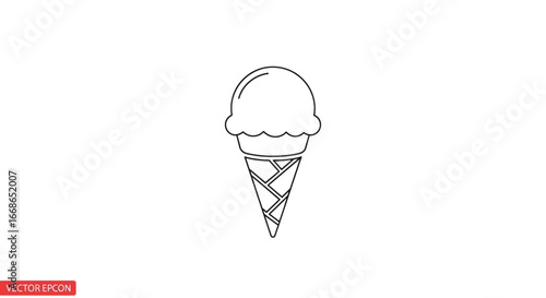 Classic single scoop ice cream in a waffle cone line art icon. Minimalist sweet food drawing for summer themes on a white background
