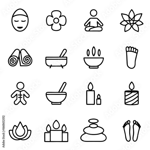 Spa and wellness icons, featuring face, flower, meditation, lotus, towel, mortar, pestle, foot, candle, and stone
