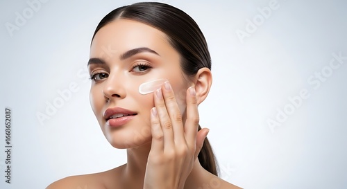 Beautiful woman gently applies luxurious skincare cream to her radiant face, achieving flawless glow