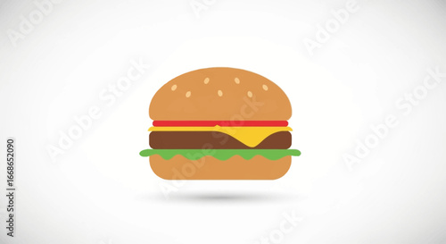 Classic hamburger presented in a clean, flat design style, showcasing a perfect combination of bun, patty, cheese, and vegetables for any fast food or casual dining theme