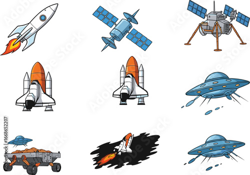 Space exploration vector set rockets UFOs satellites space shuttle lunar rover cartoon illustration sci fi alien spaceship bundle