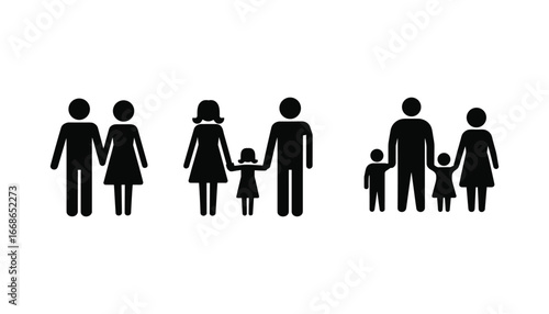Family icon set showing parents and children together, simple black silhouette pictogram illustration symbolizing love, unity, care, and community.