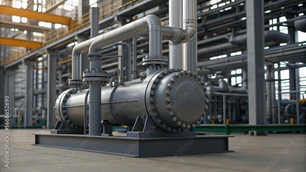 A detailed industrial machinery setup featuring metallic pipes and valves, showcasing the complexity of modern engineering in a factory environment. A detailed industrial machinery setup featuring metallic pipes and valves, showcasing the complexity of modern engineering in a factory environment.