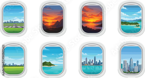 Airplane Window View Collection with City Skylines, Beaches, Tropical Islands, Runway, Sunset and Ocean Landscapes in Cartoon Style