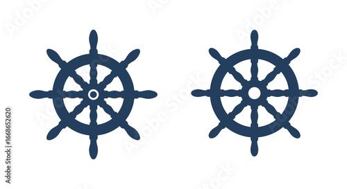 Two navy blue ship steering wheels on a white background