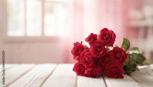Red roses on a white wooden table, soft focus background
