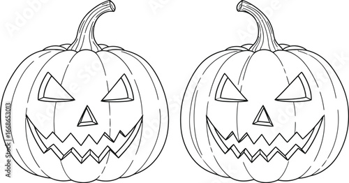 Two halloween pumpkins with scary faces on a white background