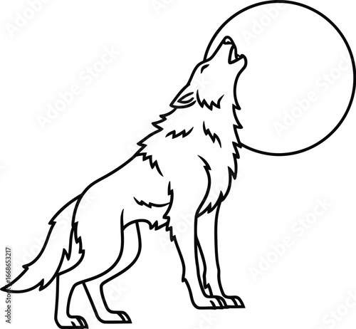 Line art illustration of a wolf howling at the moon on white background