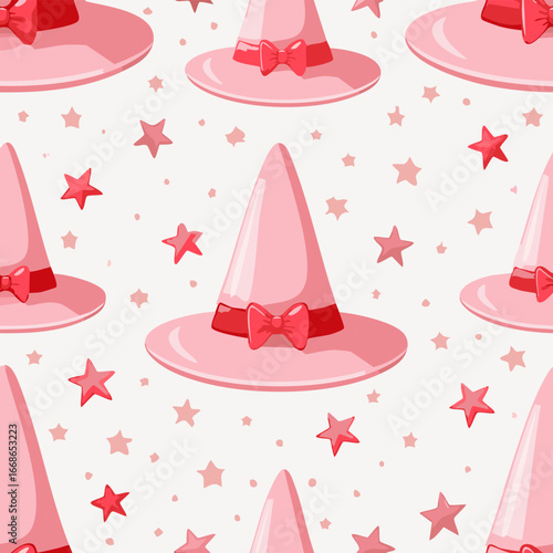 Seamless vector pattern with hand drawn witch hat with red bow. Pink magic cap background. Coquette halloween texture for wallpaper, wrapping paper, textile