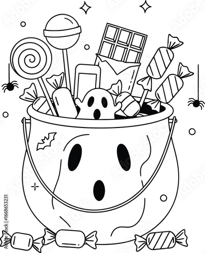 Halloween bucket filled with candy and a ghost ready for trick or treat