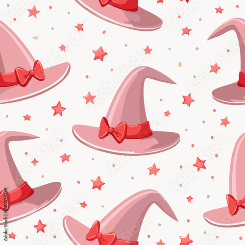 Seamless vector pattern with hand drawn witch hat with red bow. Pink magic cap background. Coquette halloween texture for wallpaper, wrapping paper, textile