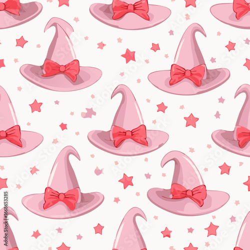 Seamless vector pattern with hand drawn witch hat with red bow. Pink magic cap background. Coquette halloween texture for wallpaper, wrapping paper, textile