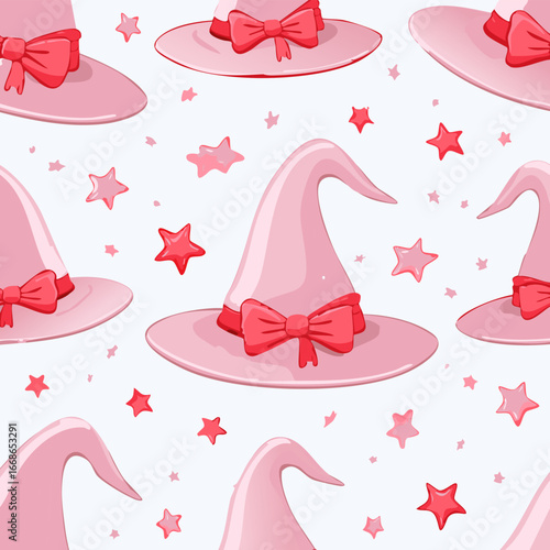 Seamless vector pattern with hand drawn witch hat with red bow. Pink magic cap background. Coquette halloween texture for wallpaper, wrapping paper, textile