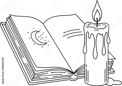 Open book with moon and stars next to a burning candle drawing