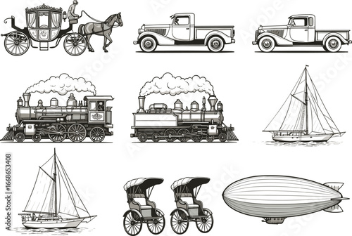 Vintage transport vector set steam train zeppelin sailing boat rickshaw horse carriage retro cars antique travel illustration collection