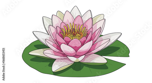 Beautiful pink and white water lily flower on a green lily pad illustration.