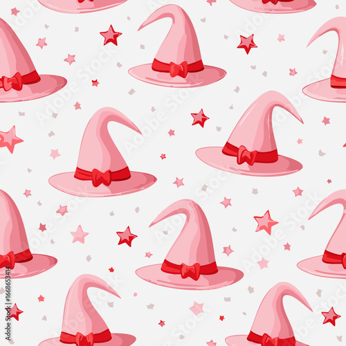 Seamless vector pattern with hand drawn witch hat with red bow. Pink magic cap background. Coquette halloween texture for wallpaper, wrapping paper, textile