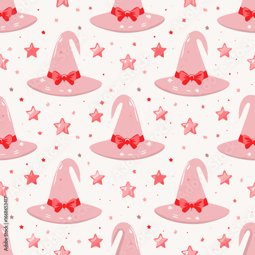 Seamless vector pattern with hand drawn witch hat with red bow. Pink magic cap background. Coquette halloween texture for wallpaper, wrapping paper, textile
