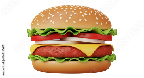 Delicious hamburger with sesame seeds, fresh lettuce, ripe tomatoes, and melted cheese, presented on a white background in a studio shot