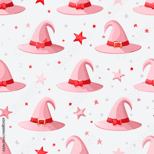 Seamless vector pattern with hand drawn witch hat with red bow. Pink magic cap background. Coquette halloween texture for wallpaper, wrapping paper, textile
