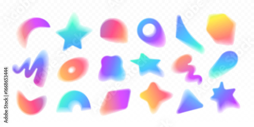 Set of soft blurred gradient shapes, icons, color gradations. Abstract isolated colorful shape blurs, various geometric forms, aesthetic decoration elements, motion effect. Isolated gradient mesh.