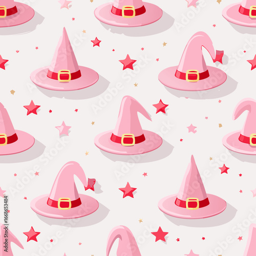 Seamless vector pattern with hand drawn witch hat with red bow. Pink magic cap background. Coquette halloween texture for wallpaper, wrapping paper, textile