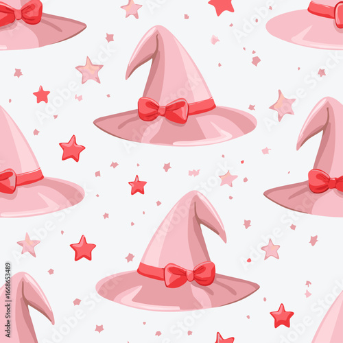 Seamless vector pattern with hand drawn witch hat with red bow. Pink magic cap background. Coquette halloween texture for wallpaper, wrapping paper, textile