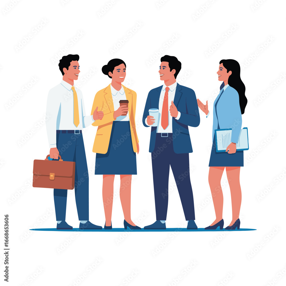 Fototapeta premium Group of business professionals standing together, discussing ideas, teamwork and collaboration concept illustration for corporate office and workplace success.