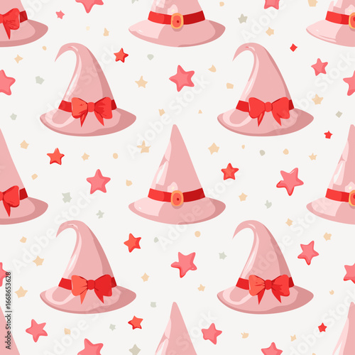 Seamless vector pattern with hand drawn witch hat with red bow. Pink magic cap background. Coquette halloween texture for wallpaper, wrapping paper, textile