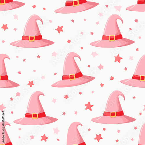 Seamless vector pattern with hand drawn witch hat with red bow. Pink magic cap background. Coquette halloween texture for wallpaper, wrapping paper, textile