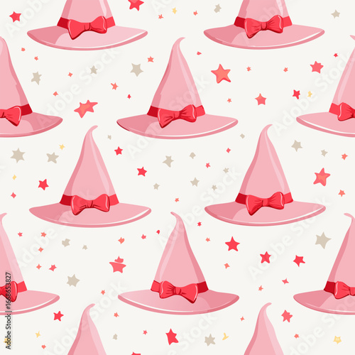 Seamless vector pattern with hand drawn witch hat with red bow. Pink magic cap background. Coquette halloween texture for wallpaper, wrapping paper, textile