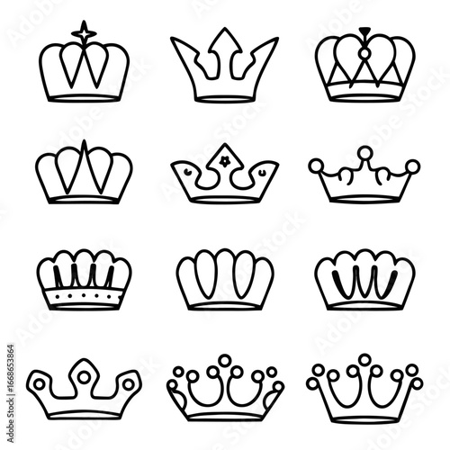 Set of handdrawn crown icons for royalty, leadership, and decorative design projects with a vintage aesthetic