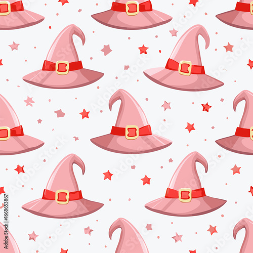 Seamless vector pattern with hand drawn witch hat with red bow. Pink magic cap background. Coquette halloween texture for wallpaper, wrapping paper, textile