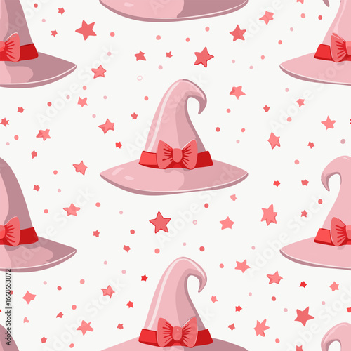Seamless vector pattern with hand drawn witch hat with red bow. Pink magic cap background. Coquette halloween texture for wallpaper, wrapping paper, textile