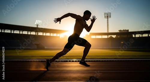 Dynamic sprinter explodes from starting blocks at stadium during golden hour for victory