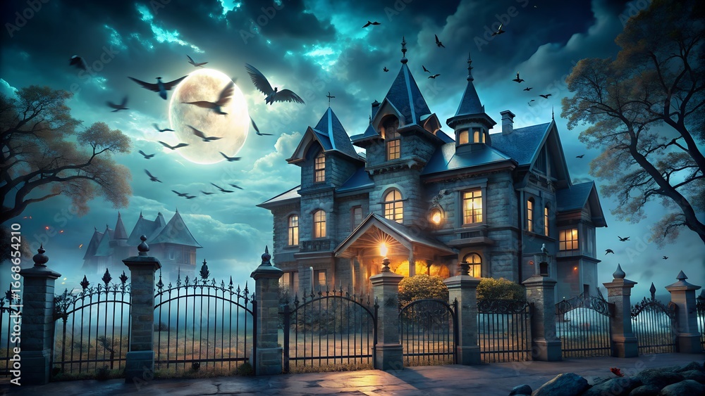 Fototapeta premium A spooky haunted house with bats flying in the night on halloween