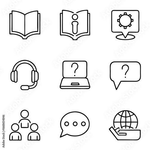 Collection of learning icons representing education, online support, and global communication in a minimalist line art style