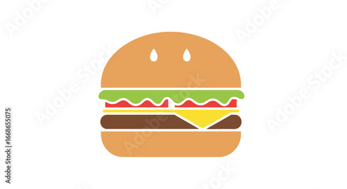 Flat design vector icon of a classic cheeseburger with lettuce and tomato, isolated on a white background. Simple and colorful symbol for fast food menus or restaurant branding