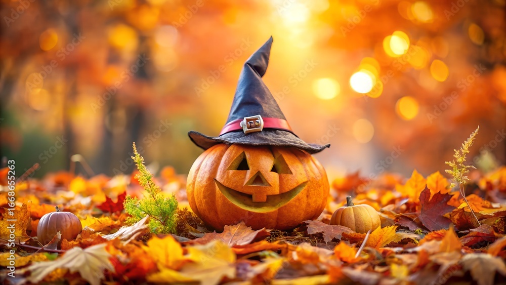 Naklejka premium A halloween pumpkin with a witch hat on a bed of autumn leaves