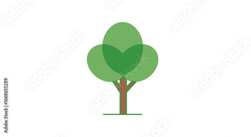 Simple flat vector illustration of a green tree with overlapping leaves on a white background. Minimalist eco-friendly symbol for nature and environment