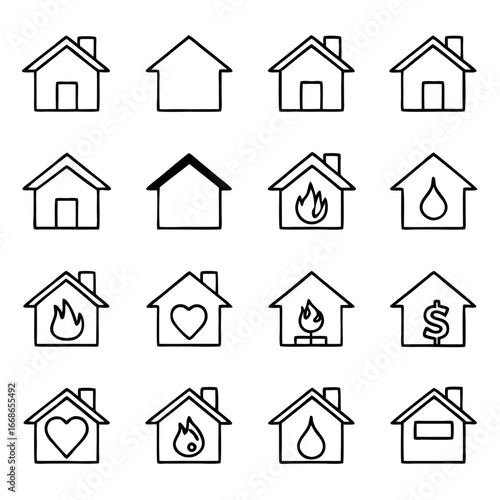Collection of house icons, representing real estate, home, and property with various symbols and designs